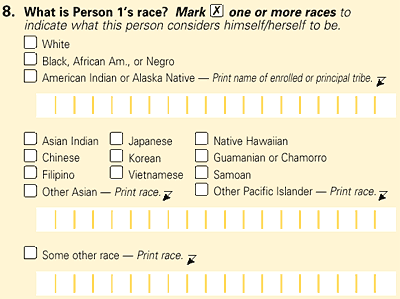 What is Person 1's Race?  White; Black, African Am., or Negro; American Indian or Alaska Native - Print name of enrolled or principal tribe.; Asian Indian; Japanese; Native Hawaiian; Chinese; Korean; Guamanian or Chamorro; Filipino; Vietnamese; Samoan; Ot